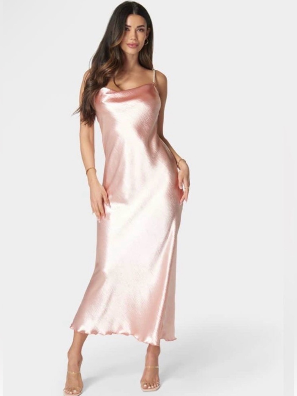 NWT Bebe Hammered Satin Cowl Neck Pearl Strap Maxi Dress | Rose | Size Small